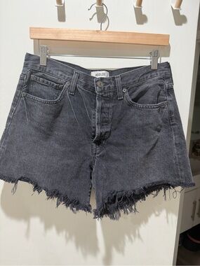 Agolde Parker Washed Black High-Rise Frayed Hem Denim Shorts